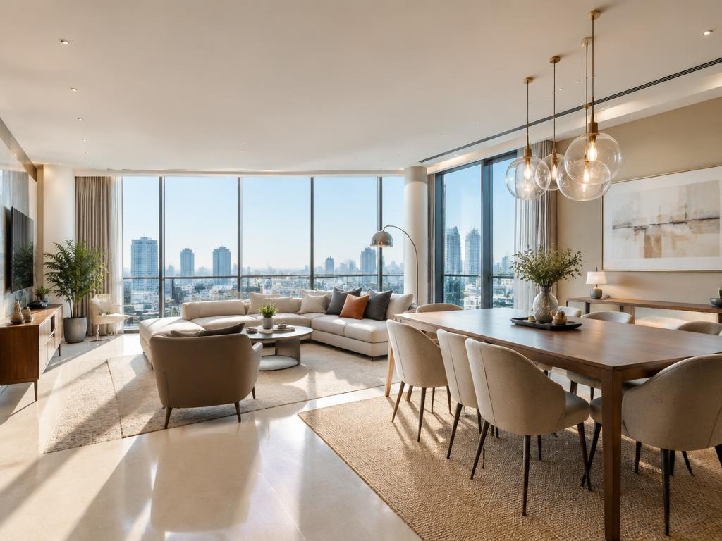 Sunlit apartment living room with city view