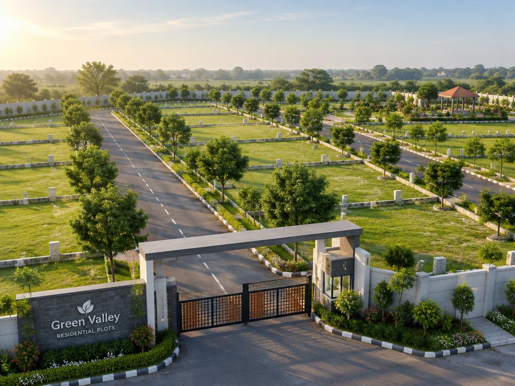 Gated plot layout with tree-lined roads